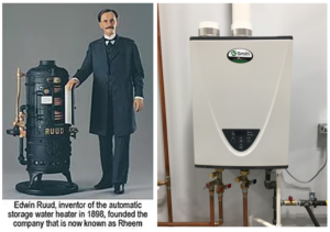 Edwin Ruud inventor of automatic storage water heater. is standing with heater