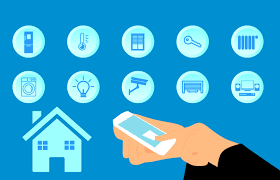 A graphic of a house and a person using a smart phone with 6 trades application icons above.
