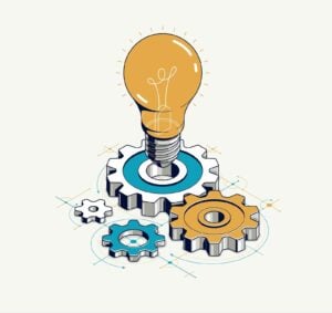 Graphic of lightbulb and gears.
