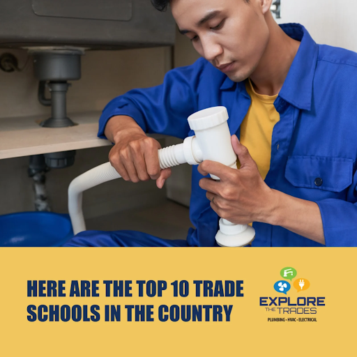 Plumber in blue work uniform works on pipe with Explore The Trades branded banner at the bottom.