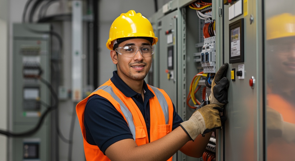 A young electrician smiles while doing electrical work.