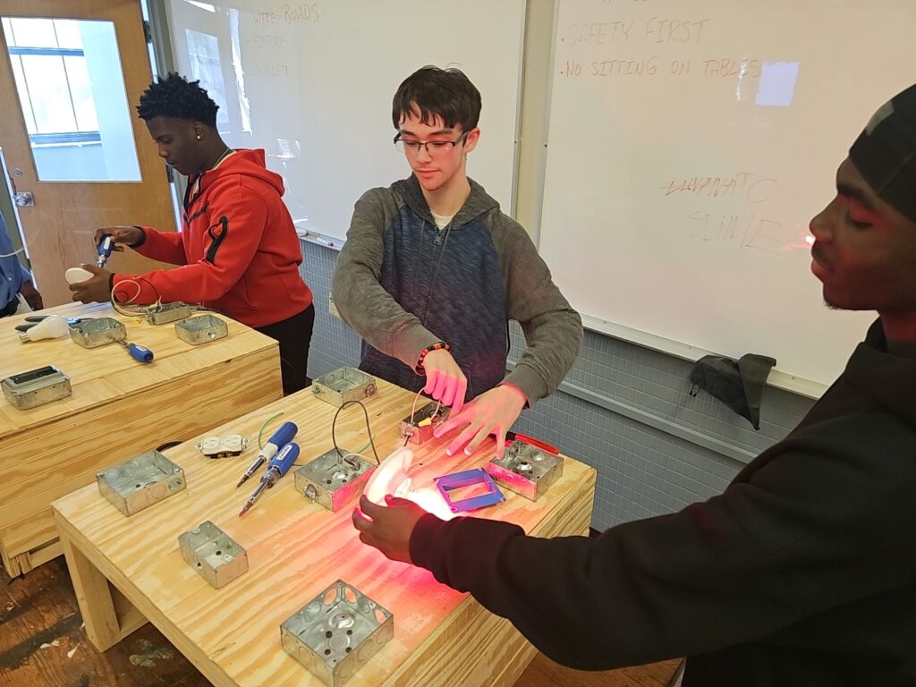 Students working on a light bulb.