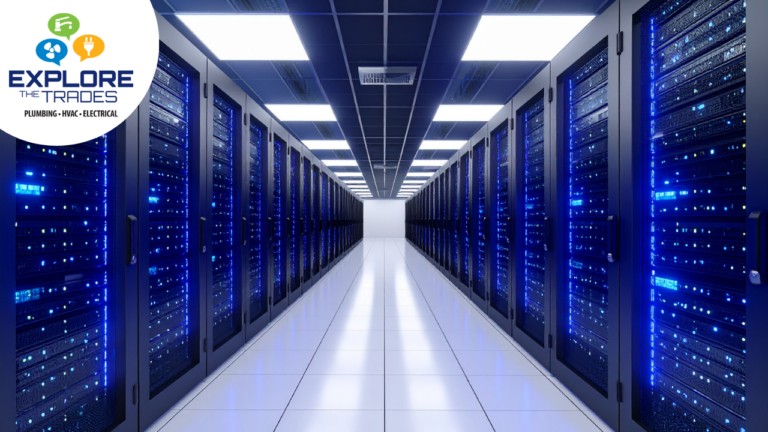 Rows of blue-lit server racks inside a data center, shown with the Explore The Trades logo in the upper left corner.