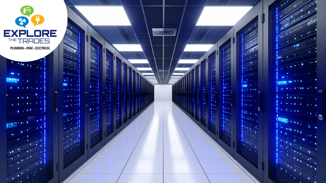 Rows of blue-lit server racks inside a data center, shown with the Explore The Trades logo in the upper left corner.
