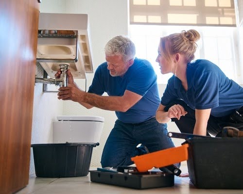 two plumbers working together on sink pipe.