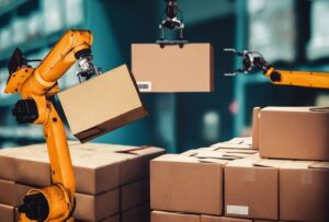 Robots work in a warehouse.